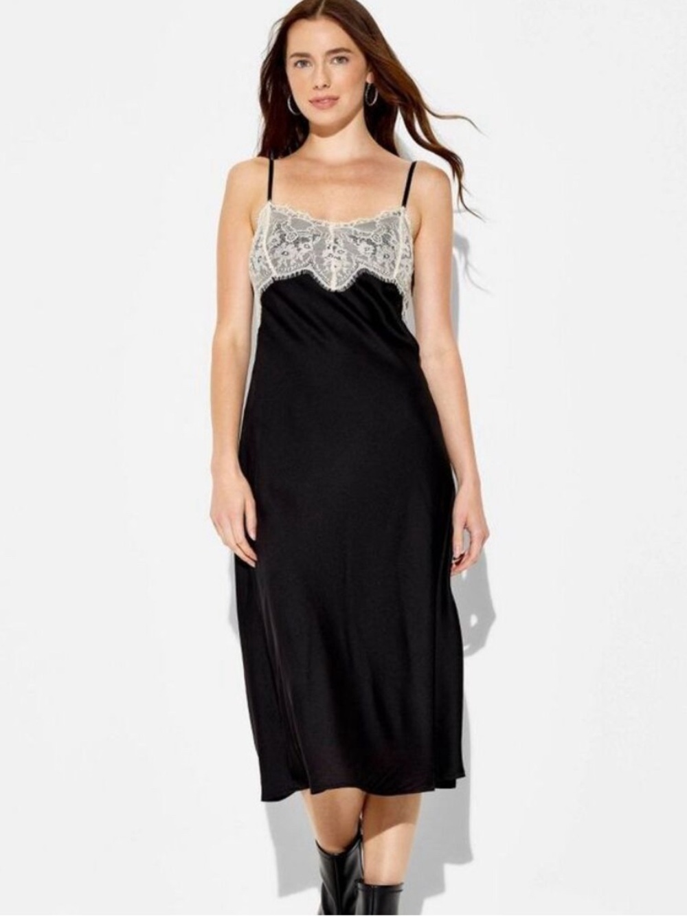 Wild Fable Women's Lace Trim Satin Midi A-Line Dress Black